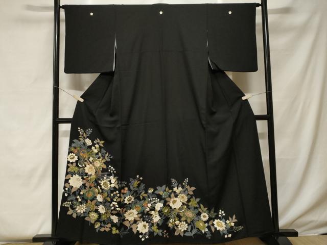 平和屋着物■豪華黒留袖　駒刺繍　更紗鳳凰花文　金彩　正絹　逸品　CABF4198ev