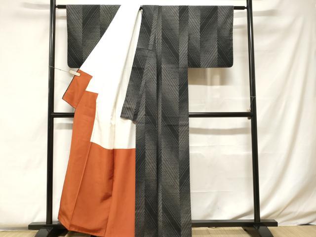 平和屋着物■上質な紬 斜線間道 黒地 正絹 逸品 未使用 CABF4217ev