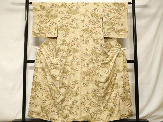 平和屋着物■上質な小紋 地紙更紗花鳥文 暈し染め 金彩 鬼しぼ縮緬 正絹 逸品 CABF4225ev