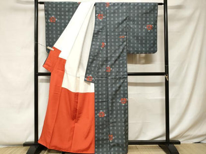 平和屋着物■上質な紬 井桁絣花文 正絹 逸品 CABF4240ev