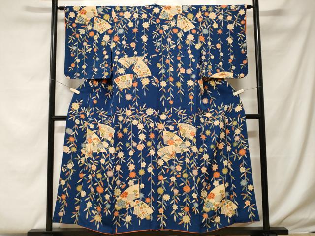 平和屋着物■訪問着　型染め　地紙枝垂れ花文　鬼しぼ縮緬　正絹　逸品　CABF4258ev
