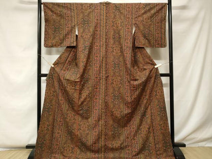 平和屋着物■上質な小紋 紬地 更紗花間道 ロング丈 正絹 逸品 CABF4309ev