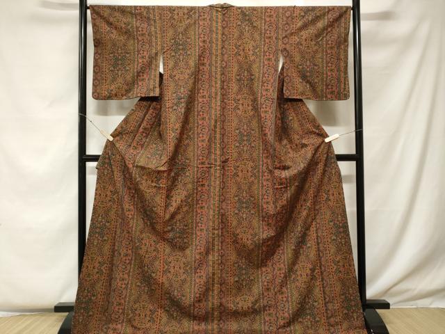 平和屋着物■上質な小紋 紬地 更紗花間道 ロング丈 正絹 逸品 CABF4309ev