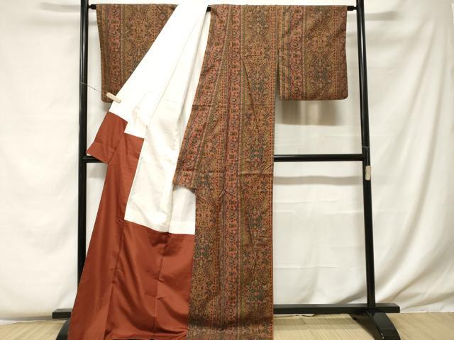 平和屋着物■上質な小紋 紬地 更紗花間道 ロング丈 正絹 逸品 CABF4309ev