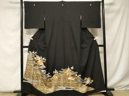 平和屋着物■豪華黒留袖　双鶴扇面梅松文　金彩　正絹　逸品　CABF4366ev