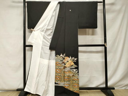 平和屋着物■豪華黒留袖　双鶴扇面梅松文　金彩　正絹　逸品　CABF4366ev