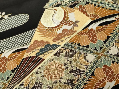 平和屋着物■豪華黒留袖　双鶴扇面梅松文　金彩　正絹　逸品　CABF4366ev
