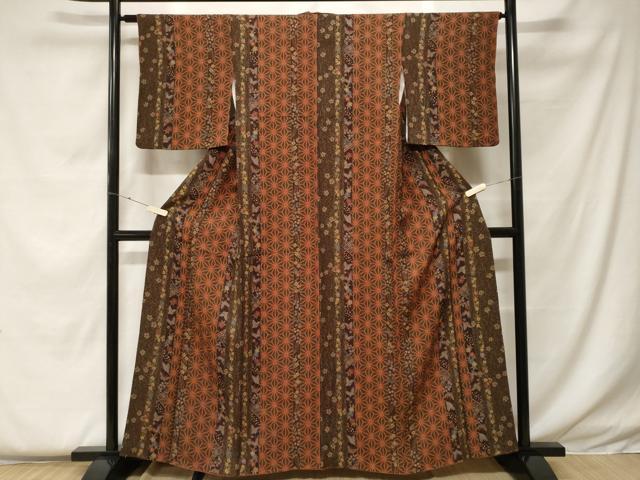 平和屋着物■上質な小紋　麻の葉舞蝶間道　金彩　正絹　逸品　CABF4384ev
