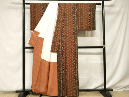 平和屋着物■上質な小紋　麻の葉舞蝶間道　金彩　正絹　逸品　CABF4384ev