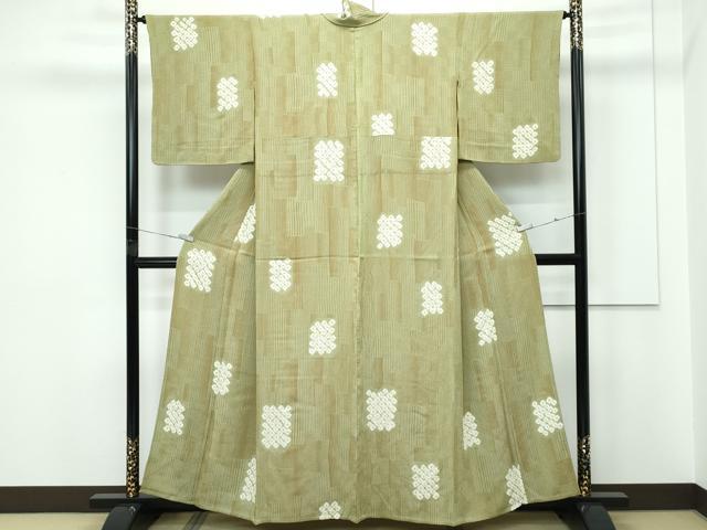 平和屋着物▽上質な小紋　単衣　絞り　色紙文　黄海松茶色地　正絹　逸品　CABF4404rv 平和屋着物▽上質な小紋 単衣 絞り 色紙文 黄海松茶色地