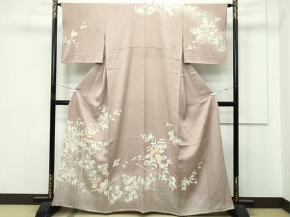 平和屋着物▽訪問着　単衣　訪問着　刺繍　草花文　たたき染め　金彩　銀煤竹色地　伊勢丹扱い　正絹　逸品　CABF4416rv