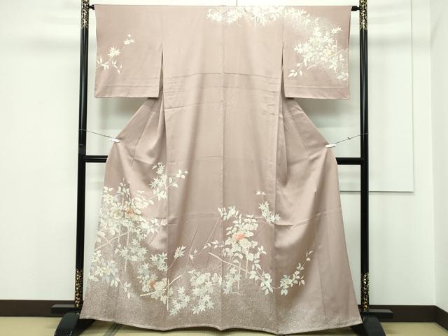 平和屋着物▽訪問着　単衣　訪問着　刺繍　草花文　たたき染め　金彩　銀煤竹色地　伊勢丹扱い　正絹　逸品　CABF4416rv