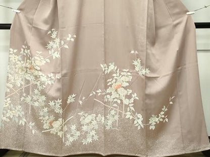 平和屋着物▽訪問着　単衣　訪問着　刺繍　草花文　たたき染め　金彩　銀煤竹色地　伊勢丹扱い　正絹　逸品　CABF4416rv
