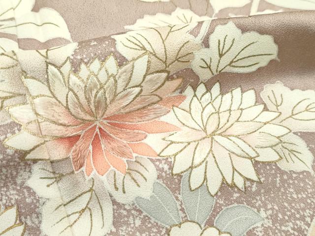 平和屋着物▽訪問着　単衣　訪問着　刺繍　草花文　たたき染め　金彩　銀煤竹色地　伊勢丹扱い　正絹　逸品　CABF4416rv