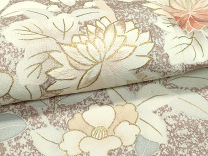 平和屋着物▽訪問着　単衣　訪問着　刺繍　草花文　たたき染め　金彩　銀煤竹色地　伊勢丹扱い　正絹　逸品　CABF4416rv