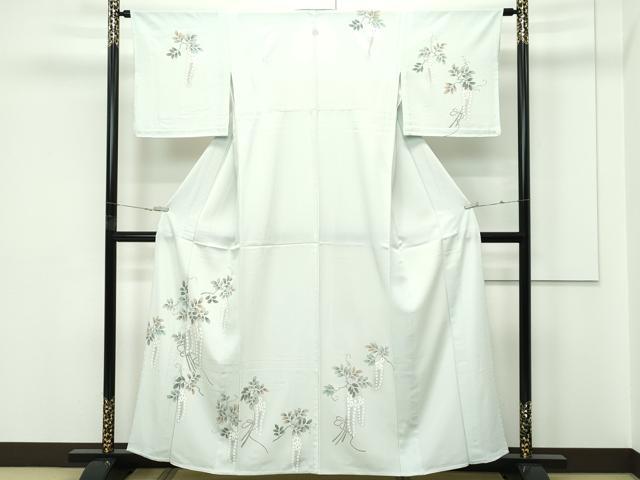 平和屋着物▽訪問着　単衣　藤花房　柳鼠色地　洗える着物　CABF4418rv