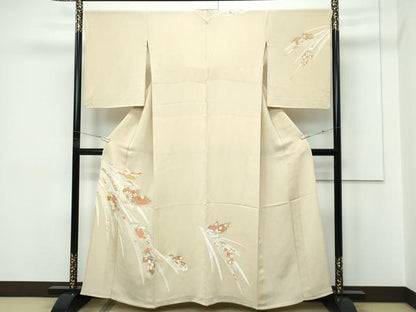 平和屋着物▽訪問着　単衣　駒刺繍　草花文　金彩　鬼しぼ縮緬　枯色地　正絹　逸品　CABF4420rv