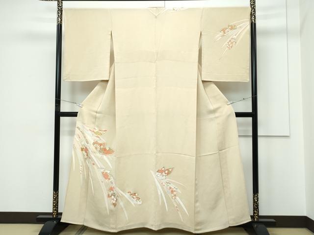平和屋着物▽訪問着　単衣　駒刺繍　草花文　金彩　鬼しぼ縮緬　枯色地　正絹　逸品　CABF4420rv