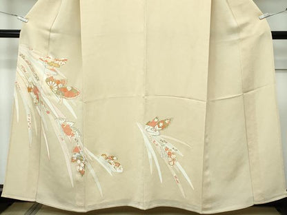 平和屋着物▽訪問着　単衣　駒刺繍　草花文　金彩　鬼しぼ縮緬　枯色地　正絹　逸品　CABF4420rv