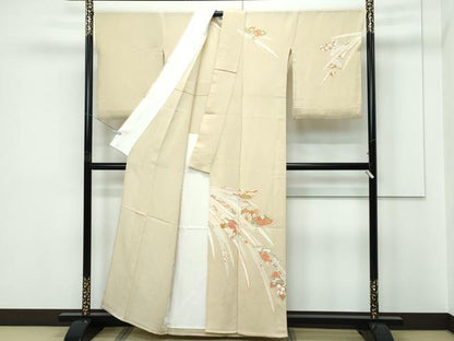 平和屋着物▽訪問着　単衣　駒刺繍　草花文　金彩　鬼しぼ縮緬　枯色地　正絹　逸品　CABF4420rv