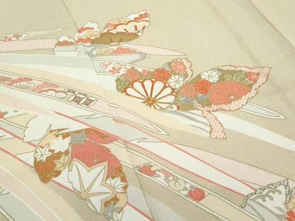 平和屋着物▽訪問着　単衣　駒刺繍　草花文　金彩　鬼しぼ縮緬　枯色地　正絹　逸品　CABF4420rv