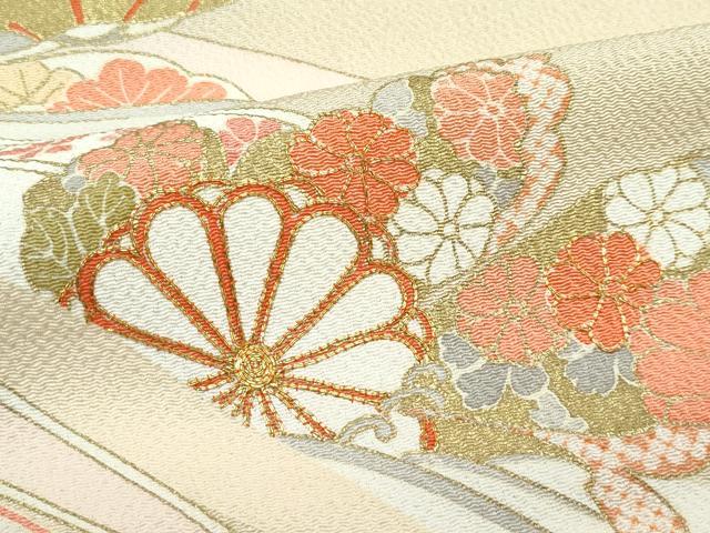 平和屋着物▽訪問着　単衣　駒刺繍　草花文　金彩　鬼しぼ縮緬　枯色地　正絹　逸品　CABF4420rv