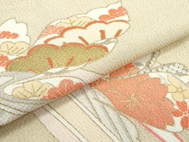 平和屋着物▽訪問着　単衣　駒刺繍　草花文　金彩　鬼しぼ縮緬　枯色地　正絹　逸品　CABF4420rv