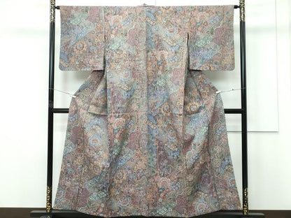 平和屋着物▽上質なお召　単衣　天目織　更紗花文　正絹　逸品　CABF4421rv