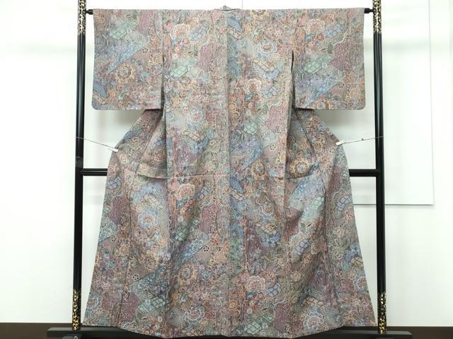 平和屋着物▽上質なお召　単衣　天目織　更紗花文　正絹　逸品　CABF4421rv