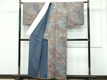 平和屋着物▽上質なお召　単衣　天目織　更紗花文　正絹　逸品　CABF4421rv