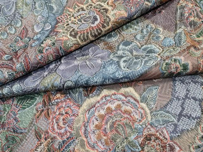 平和屋着物▽上質なお召　単衣　天目織　更紗花文　正絹　逸品　CABF4421rv