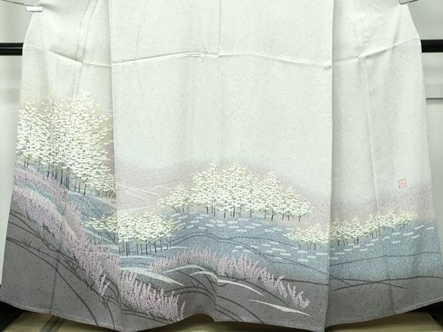 平和屋着物▽訪問着　単衣　訪問着　作家物　樹林花文　暈し染め　正絹　逸品　CABF4423rv
