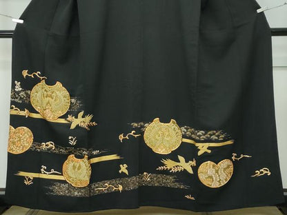 平和屋着物▽豪華黒留袖　単衣　駒刺繍　中国三大刺繍　相良刺繍　花喰い鳥鳳凰唐草文　金彩　正絹　逸品　CABF4424rv