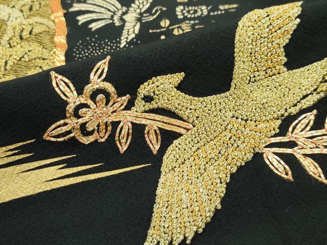 平和屋着物▽豪華黒留袖　単衣　駒刺繍　中国三大刺繍　相良刺繍　花喰い鳥鳳凰唐草文　金彩　正絹　逸品　CABF4424rv