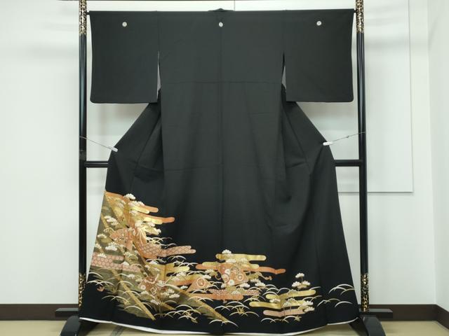 平和屋着物▽豪華黒留袖　単衣　エ霞檜扇鳳凰花松文　金彩　正絹　逸品　CABF4430rv