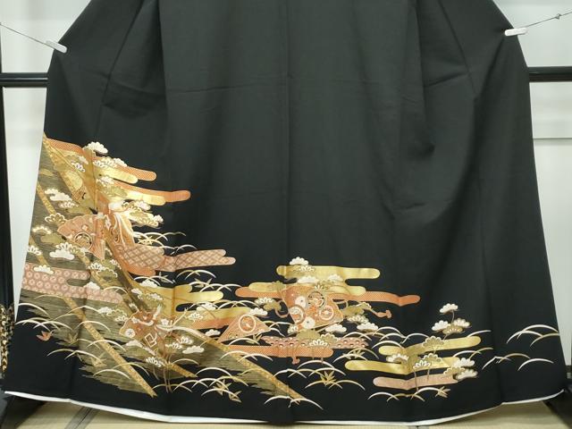 平和屋着物▽豪華黒留袖　単衣　エ霞檜扇鳳凰花松文　金彩　正絹　逸品　CABF4430rv