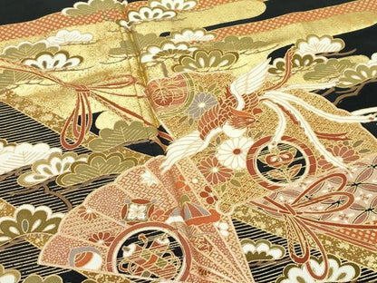 平和屋着物▽豪華黒留袖　単衣　エ霞檜扇鳳凰花松文　金彩　正絹　逸品　CABF4430rv