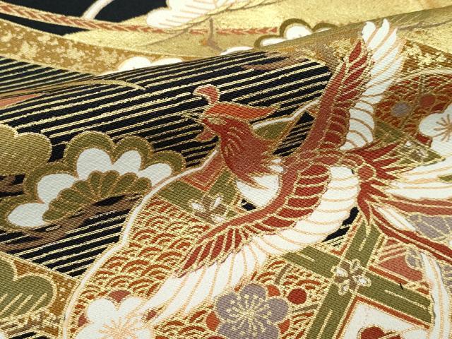 平和屋着物▽豪華黒留袖　単衣　エ霞檜扇鳳凰花松文　金彩　正絹　逸品　CABF4430rv 平和屋着物▽豪華黒留袖 単衣 エ霞檜扇鳳凰花松文 金彩 正絹 逸品
