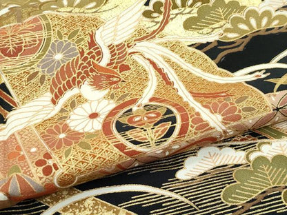 平和屋着物▽豪華黒留袖　単衣　エ霞檜扇鳳凰花松文　金彩　正絹　逸品　CABF4430rv