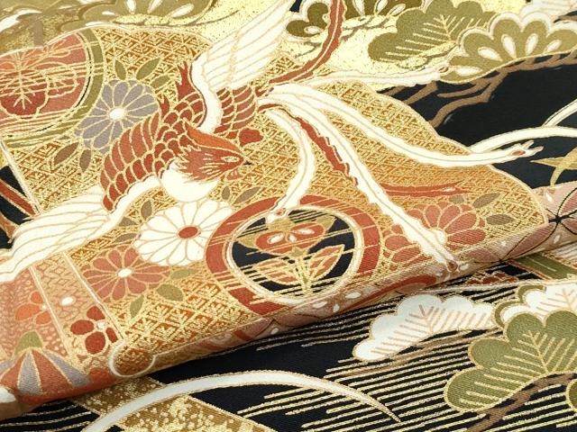 平和屋着物▽豪華黒留袖　単衣　エ霞檜扇鳳凰花松文　金彩　正絹　逸品　CABF4430rv