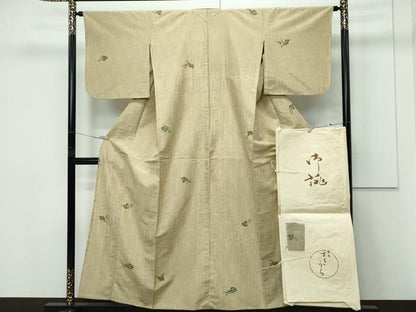 平和屋着物▽上質な小紋　単衣　紬地　型染め　貝　銀座すぎうら　たとう紙付き　正絹　逸品　CABF4432rv