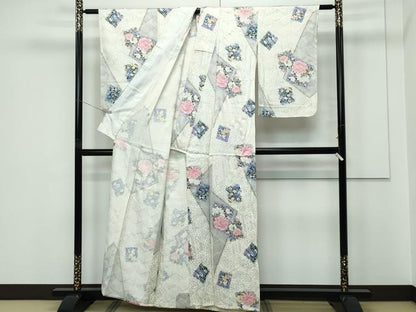 平和屋着物▽上質な小紋 単衣 立波草花文 金彩 正絹 逸品 未使用 CABF4437rv