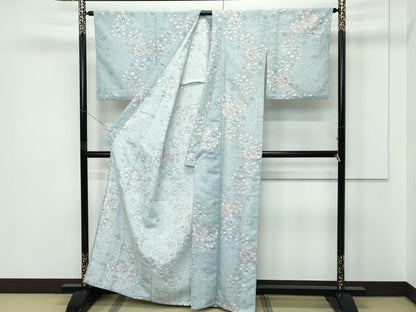 平和屋着物▽小紋　単衣　牡丹　たたき染め　洗える着物　未使用　CABF4444rv