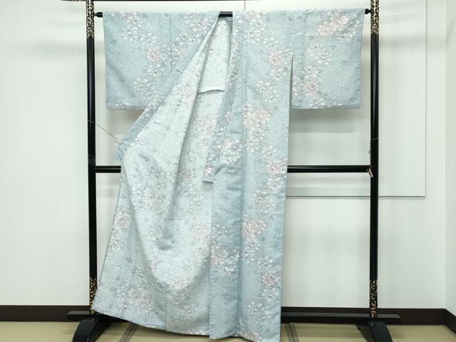 平和屋着物▽小紋　単衣　牡丹　たたき染め　洗える着物　未使用　CABF4444rv