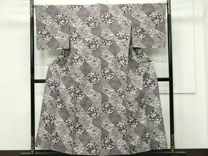 平和屋着物▽小紋　単衣　切嵌草花文　洗える着物　CABF4448rv