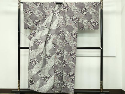 平和屋着物▽小紋　単衣　切嵌草花文　洗える着物　CABF4448rv