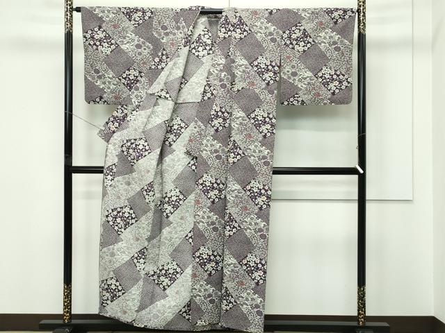 平和屋着物▽小紋　単衣　切嵌草花文　洗える着物　CABF4448rv