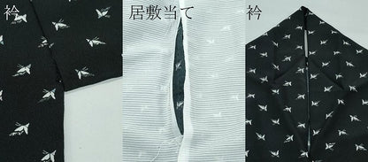 平和屋着物▽小紋　単衣　舞蝶文　黒地　洗える着物　CABF4449rv