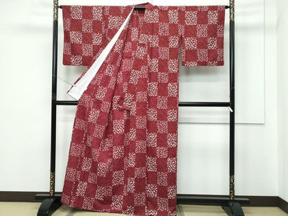 平和屋着物▽小紋　単衣　市松舞桜文　洗える着物　CABF4453rv