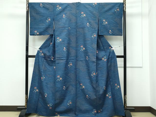 平和屋着物▽小紋　単衣　流水草花文　洗える着物　未使用　CABF4456rv